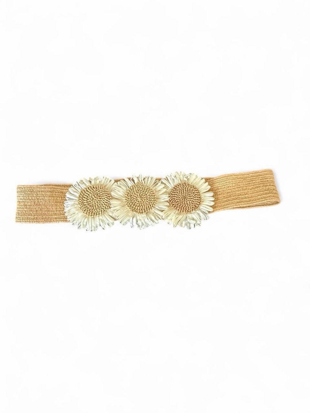 Beige Elastic Waist Belt with straw Daisy Accents